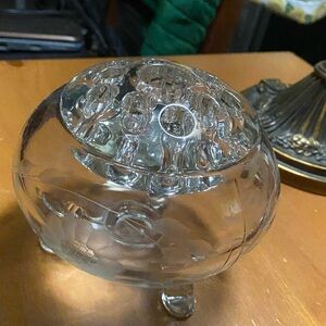 Hughes Cornflower Etch Tiffin Footed Rose Bowl Vase with Glass Frog Insert